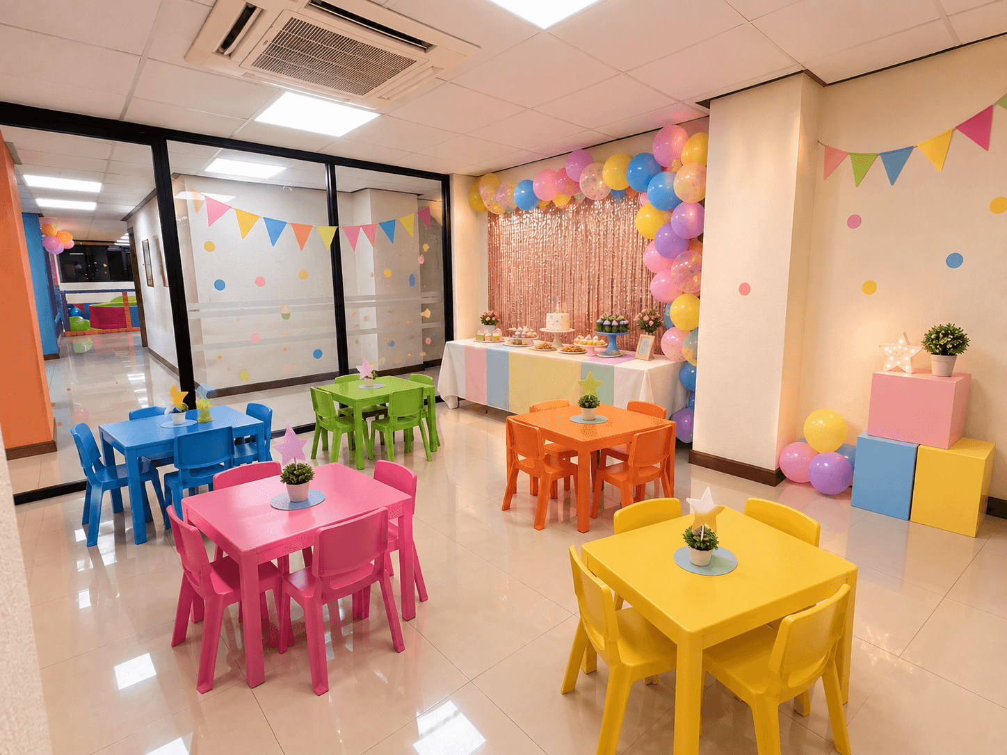 Espacio de Chitis Club preparado para una fiesta infantil con mesas, globos y decoración.